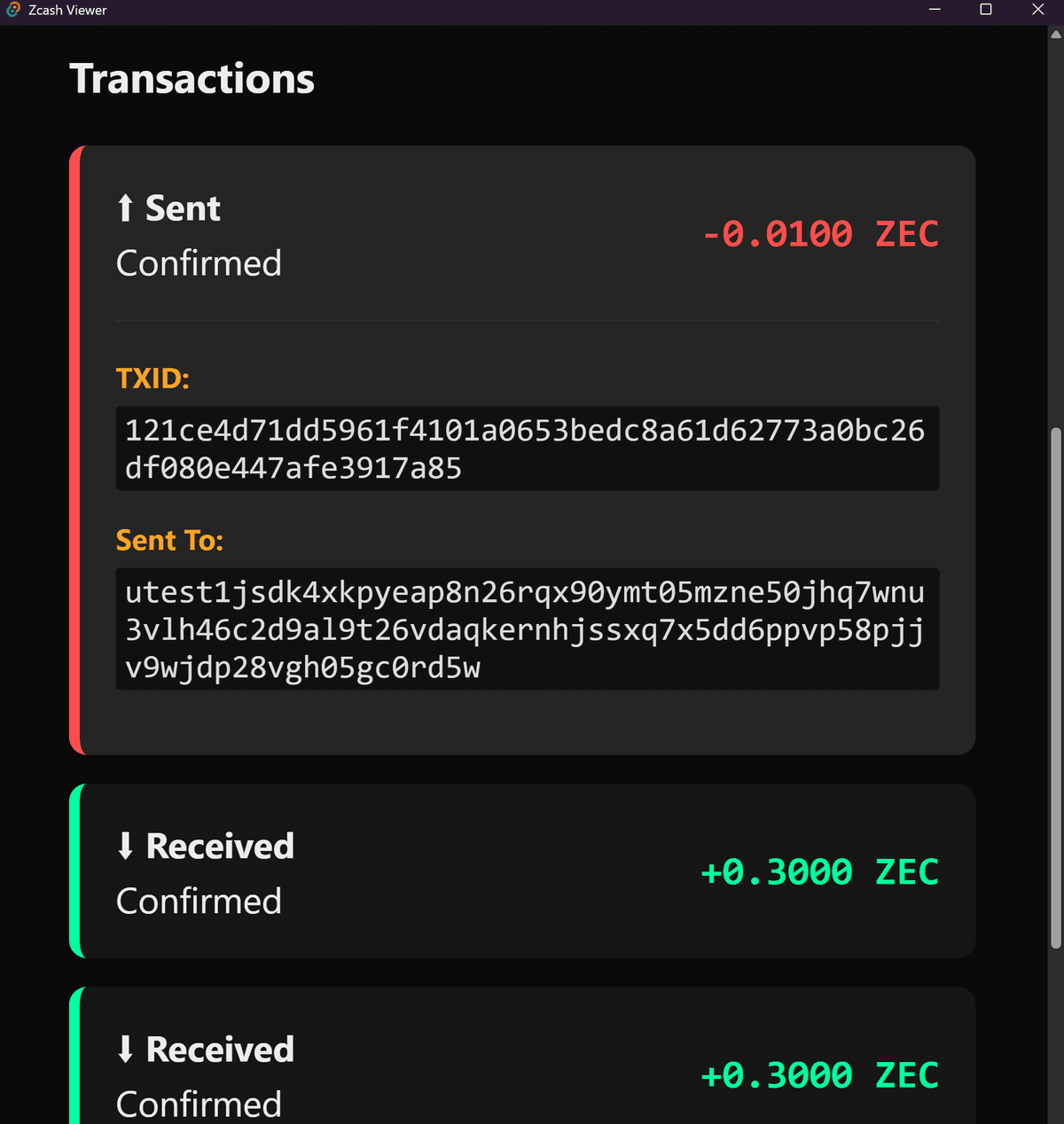 Zcash Shielded Viewer Transaction Details